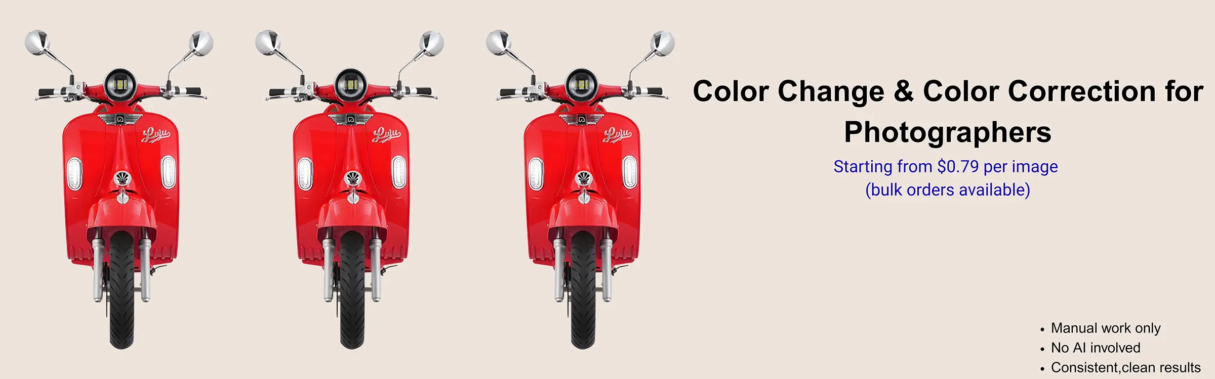 Color change and color correction service for product photography with red scooter examples
