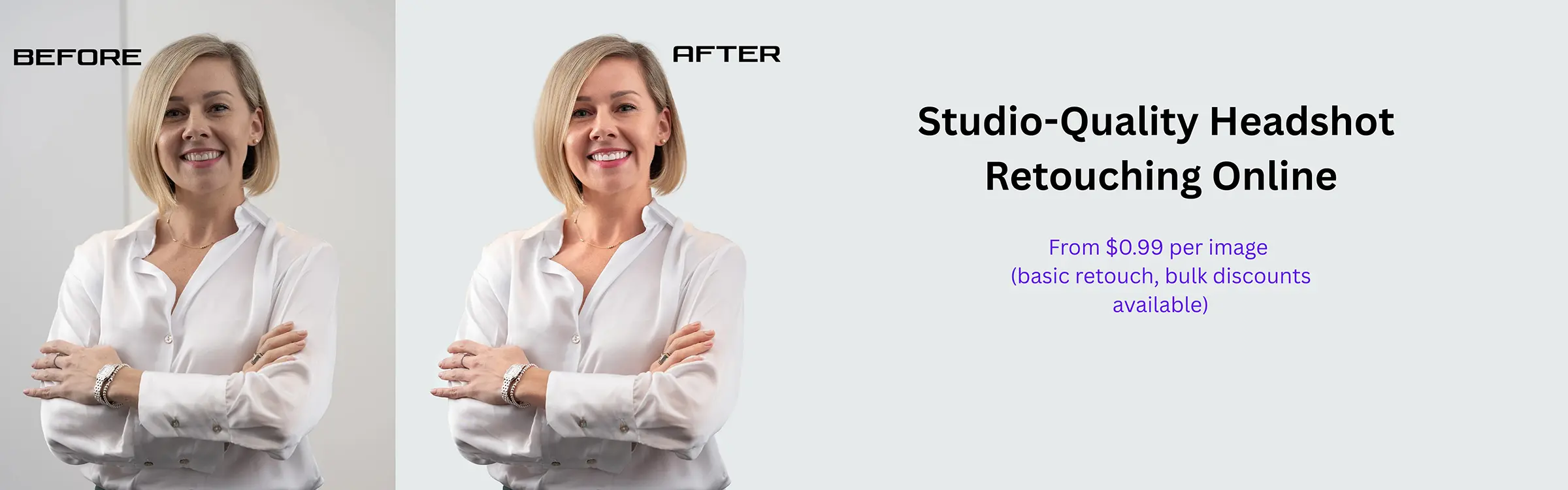 Professional headshot retouching service showing before and after enhancement